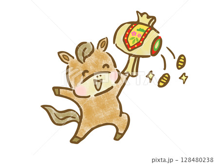 笑顔で打ち出の小槌を持つ可愛い馬の年賀用手描きイラスト 笑顔で打ち出の小槌を持つ可愛い馬の年賀用手描きイラスト 128480238