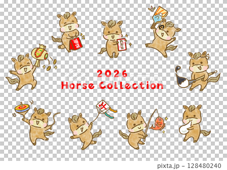 縁起物と可愛い馬の年賀用手描きイラストセット 128480240