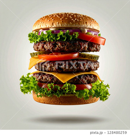 hamburger, cheeseburger, patty, bun, lettuce, tomato, pickle, sauce, fries, fast food, quick meal, burger set, chicken burger, grilled burger, juicy patty, sesame bun, ketchup, combo meal, takeout, sa 128480259