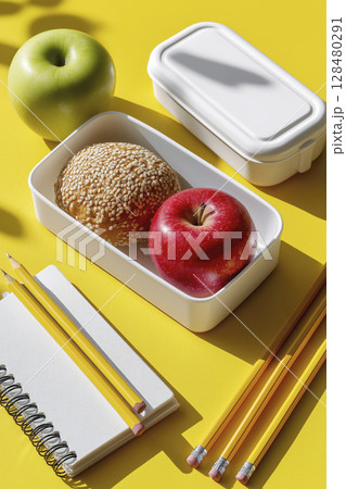Fresh fruits and stationery items arranged on a vibrant yellow background for back to school 128480291