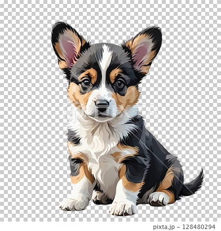 一隻可愛的威爾斯柯基犬卡迪根小狗的剪影插圖 128480294