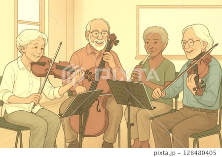 音楽室で合奏を楽しむ高齢者たちの明るく和やかな演奏風景 128480405