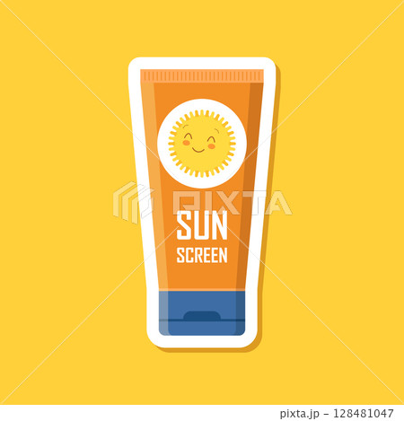 Sunscreen cream paper sticker icon in flat style. Skin protection vector illustration on isolated background. Skincare pharmacy sign business concept. 128481047