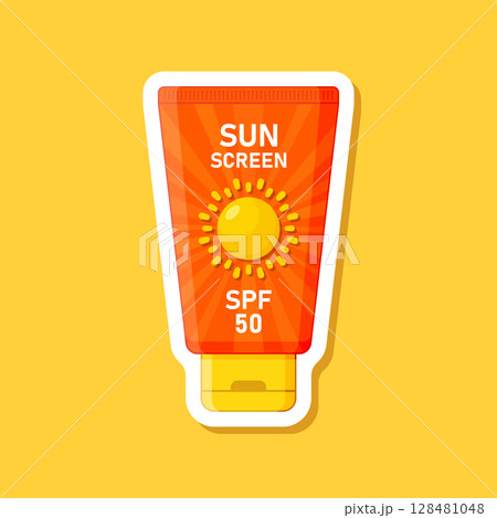 Sunscreen cream paper sticker icon in flat style. Skin protection vector illustration on isolated background. Skincare pharmacy sign business concept. Sunscreen cream paper sticker icon in flat style. Skin protection vector illustration on isolated background. Skincare pharmacy sign business concept. 128481048