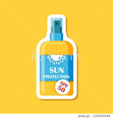 Sunscreen cream paper sticker icon in flat style. Skin protection vector illustration on isolated background. Skincare pharmacy sign business concept. 128481049