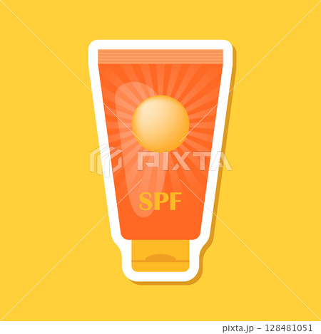 Sunscreen cream paper sticker icon in flat style. Skin protection vector illustration on isolated background. Skincare pharmacy sign business concept. 128481051