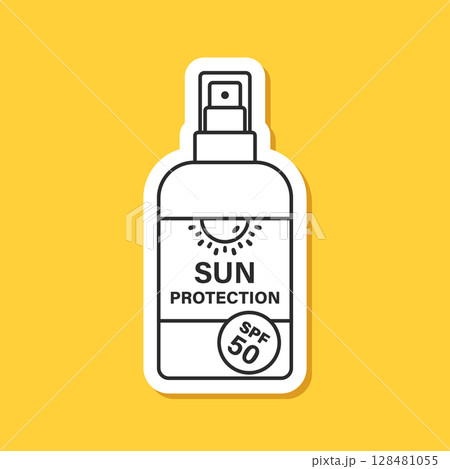 Sunscreen cream paper sticker icon in flat style. Skin protection vector illustration on isolated background. Skincare pharmacy sign business concept. 128481055