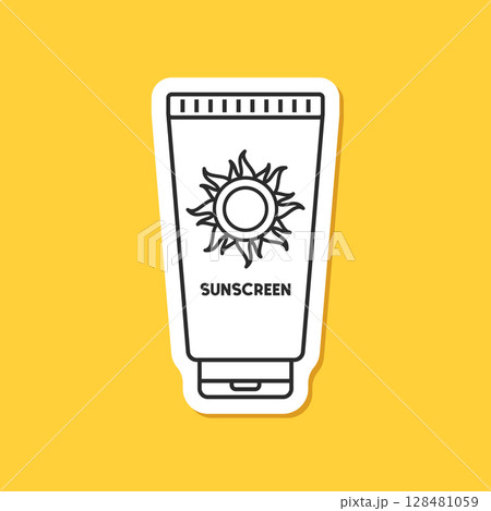 Sunscreen cream paper sticker icon in flat style. Skin protection vector illustration on isolated background. Skincare pharmacy sign business concept. Sunscreen cream paper sticker icon in flat style. Skin protection vector illustration on isolated background. Skincare pharmacy sign business concept. 128481059