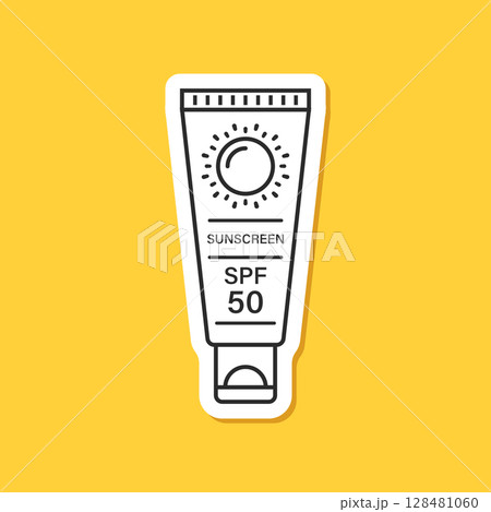 Sunscreen cream paper sticker icon in flat style. Skin protection vector illustration on isolated background. Skincare pharmacy sign business concept. 128481060