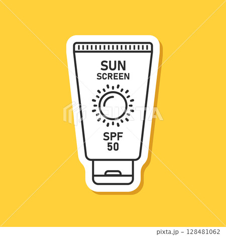 Sunscreen cream paper sticker icon in flat style. Skin protection vector illustration on isolated background. Skincare pharmacy sign business concept. 128481062