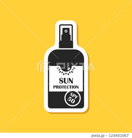 Sunscreen cream paper sticker icon in flat style. Skin protection vector illustration on isolated background. Skincare pharmacy sign business concept. 128481067