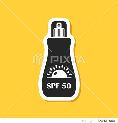Sunscreen cream paper sticker icon in flat style. Skin protection vector illustration on isolated background. Skincare pharmacy sign business concept. 128481068