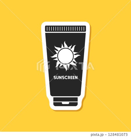 Sunscreen cream paper sticker icon in flat style. Skin protection vector illustration on isolated background. Skincare pharmacy sign business concept. 128481073