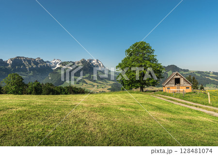 Rustic Wooden Hut in Appenzellerland with Alpstein Mountains, Switzerland 128481074