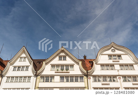 Traditional Appenzell houses with gabled roofs in Gais, Switzerland 128481080
