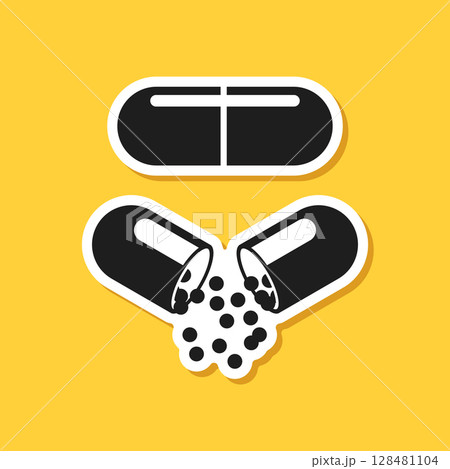 Pill paper sticker icon in flat style. Drug vector illustration on isolated background. Medicine pharmacy sign business concept. Pill paper sticker icon in flat style. Drug vector illustration on isolated background. Medicine pharmacy sign business concept. 128481104