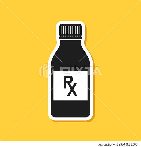 Pill paper sticker icon in flat style. Drug vector illustration on isolated background. Medicine pharmacy sign business concept. 128481106