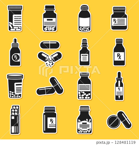 Pill paper sticker icon set collection in flat style. Drug vector illustration on isolated background. Medicine pharmacy sign business concept. 128481119