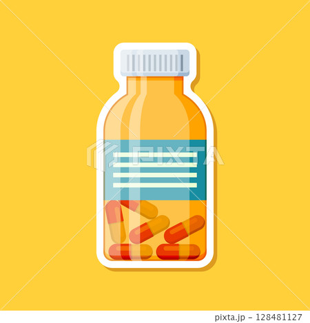 Pill paper sticker icon in flat style. Drug vector illustration on isolated background. Medicine pharmacy sign business concept. 128481127