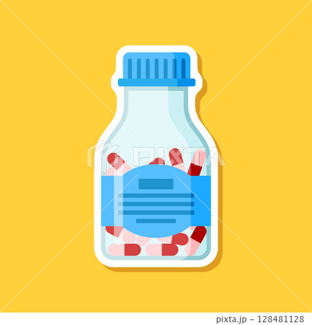 Pill paper sticker icon in flat style. Drug vector illustration on isolated background. Medicine pharmacy sign business concept. Pill paper sticker icon in flat style. Drug vector illustration on isolated background. Medicine pharmacy sign business concept. 128481128