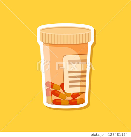 Pill paper sticker icon in flat style. Drug vector illustration on isolated background. Medicine pharmacy sign business concept. Pill paper sticker icon in flat style. Drug vector illustration on isolated background. Medicine pharmacy sign business concept. 128481134
