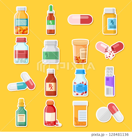 Pill paper sticker icon set collection in flat style. Drug vector illustration on isolated background. Medicine pharmacy sign business concept. 128481136