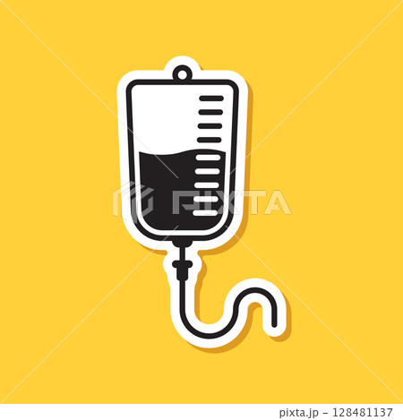 Blood bag paper sticker icon in flat style. Medical care vector illustration on isolated background. Blood donation sign business concept. 128481137