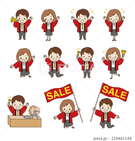 はっぴを着て応援する販売員の男女セット 128481148