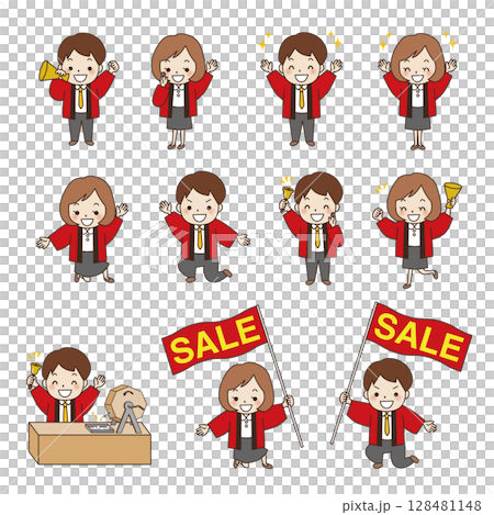 はっぴを着て応援する販売員の男女セット 128481148