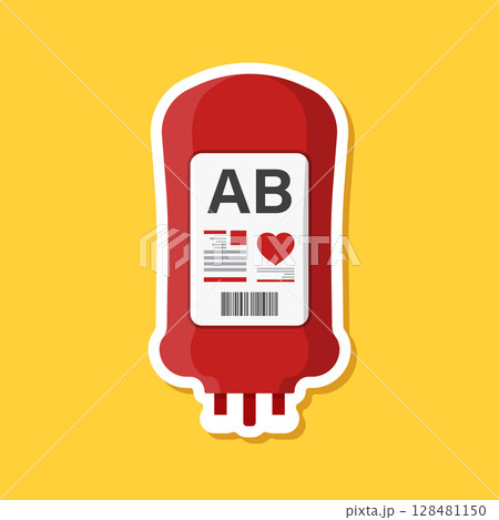 Blood bag paper sticker icon in flat style. Medical care vector illustration on isolated background. Blood donation sign business concept. 128481150