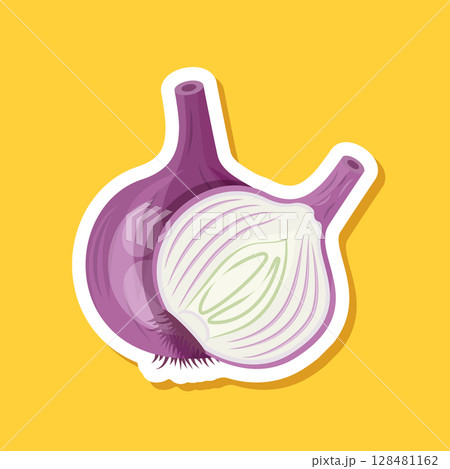 Onion paper sticker icon in flat style. Organic vegetable vector illustration on isolated background. Healthy food sign business concept. 128481162