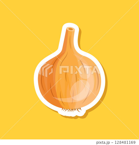 Onion paper sticker icon in flat style. Organic vegetable vector illustration on isolated background. Healthy food sign business concept. 128481169