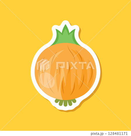 Onion paper sticker icon in flat style. Organic vegetable vector illustration on isolated background. Healthy food sign business concept. 128481171