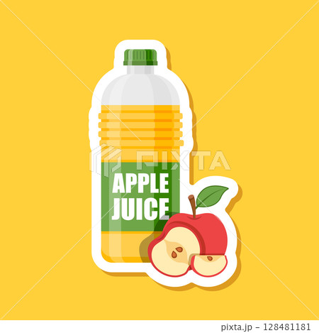 Apple juice paper sticker in bottle icon in flat style. Fresh fruit drink vector illustration on isolated background. Healthy food sign business concept. 128481181