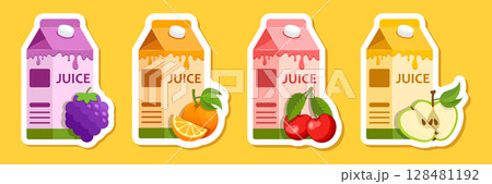 Grape, Cherry, Apple, Orange juice paper sticker icon set collection in flat style. Organic drinks vector illustration on isolated background. Healthy cocktails sign business concept. 128481192