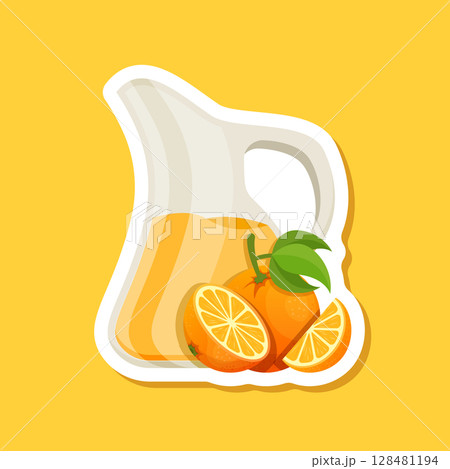 Orange juice paper sticker icon in flat style. Fruit drink vector illustration on isolated background. Fresh juice sign business concept. 128481194