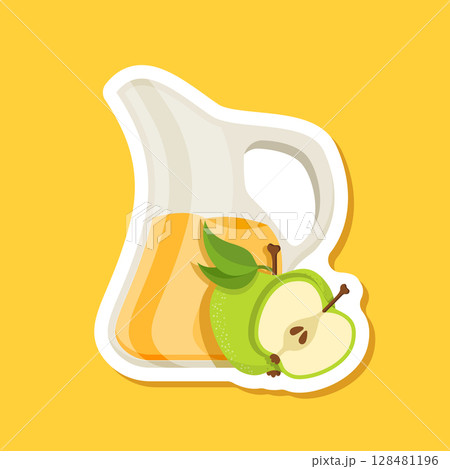 Apple juice paper sticker in bottle icon in flat style. Fresh fruit drink vector illustration on isolated background. Healthy food sign business concept. 128481196