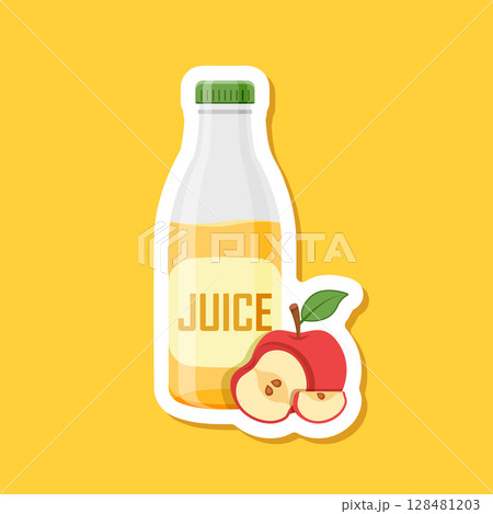 Apple juice paper sticker in bottle icon in flat style. Fresh fruit drink vector illustration on isolated background. Healthy food sign business concept. Apple juice paper sticker in bottle icon in flat style. Fresh fruit drink vector illustration on isolated background. Healthy food sign business concept. 128481203