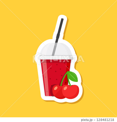 Cherry juice paper sticker in flat style. Cherries drink vector illustration on isolated background. Healthy cocktail sign business concept. Cherry juice paper sticker in flat style. Cherries drink vector illustration on isolated background. Healthy cocktail sign business concept. 128481218
