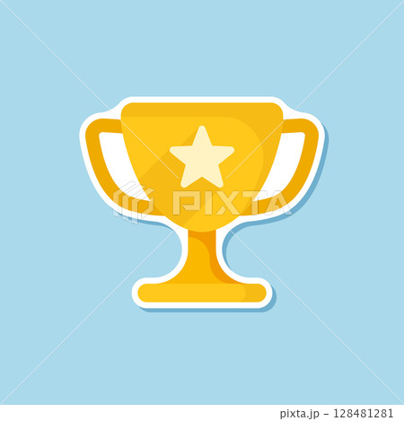 Trophy cup paper sticker icon in flat style. Award prize vector illustration on isolated background. Champion sports event sign business concept. 128481281