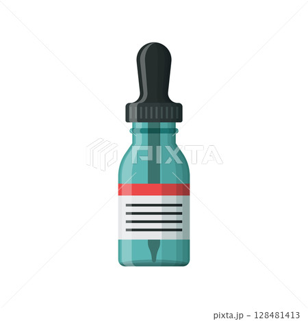 Pipette with oil drop icon in flat style. Dropper bottle vector illustration on isolated background. Medical tube sign business concept. 128481413