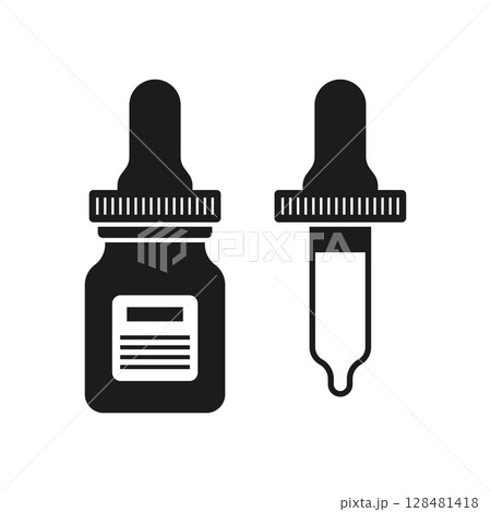 Pipette with oil drop icon in flat style. Dropper bottle vector illustration on isolated background. Medical tube sign business concept. 128481418