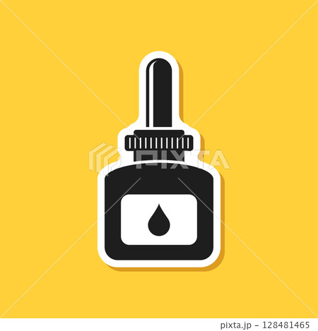 Pipette with oil drop paper sticker icon in flat style. Dropper bottle vector illustration on isolated background. Medical tube sign business concept. 128481465