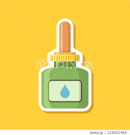 Pipette with oil drop paper sticker icon in flat style. Dropper bottle vector illustration on isolated background. Medical tube sign business concept. Pipette with oil drop paper sticker icon in flat style. Dropper bottle vector illustration on isolated background. Medical tube sign business concept. 128481469