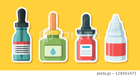 Pipette with oil drop paper sticker icon set collection in flat style. Dropper bottle vector illustration on isolated background. Medical tube sign business concept. Pipette with oil drop paper sticker icon set collection in flat style. Dropper bottle vector illustration on isolated background. Medical tube sign business concept. 128481471