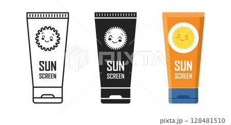 Sunscreen cream icon set collection in flat style. Skin protection vector illustration on isolated background. Skincare pharmacy sign business concept. 128481510