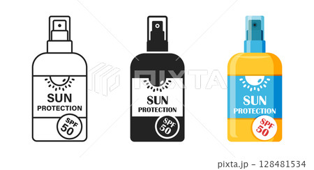 Sunscreen cream icon set collection in flat style. Skin protection vector illustration on isolated background. Skincare pharmacy sign business concept. Sunscreen cream icon set collection in flat style. Skin protection vector illustration on isolated background. Skincare pharmacy sign business concept. 128481534