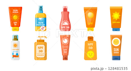 Sunscreen cream icon set collection in flat style. Skin protection vector illustration on isolated background. Skincare pharmacy sign business concept. 128481535