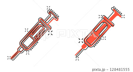 Syringe icon in comic style. Coronavirus vaccine inject cartoon vector illustration on isolated background. Covid-19 vaccination splash effect sign business concept. Syringe icon in comic style. Coronavirus vaccine inject cartoon vector illustration on isolated background. Covid-19 vaccination splash effect sign business concept. 128481555