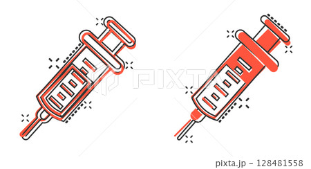 Syringe icon in comic style. Coronavirus vaccine inject cartoon vector illustration on isolated background. Covid-19 vaccination splash effect sign business concept. Syringe icon in comic style. Coronavirus vaccine inject cartoon vector illustration on isolated background. Covid-19 vaccination splash effect sign business concept. 128481558